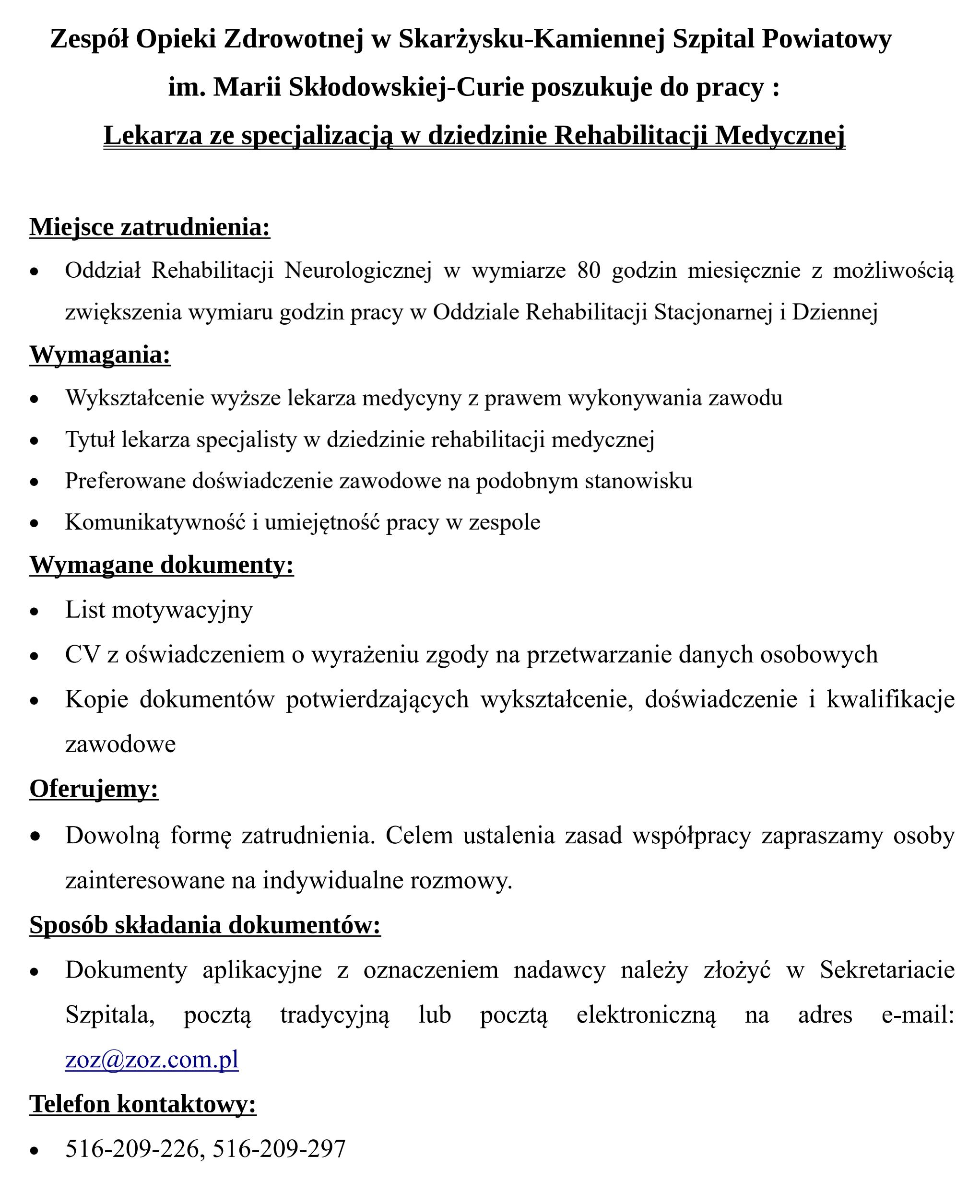 ogloszenie lekarz reh neur oddzial reh 20.07.2026
